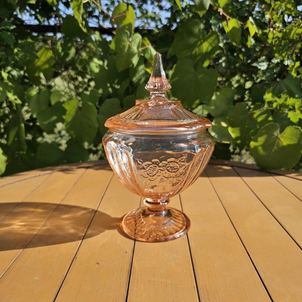Vintage Anchor Hocking Mayfair Open Rose Pink Glass Pedestal Candy Bowl with Lid